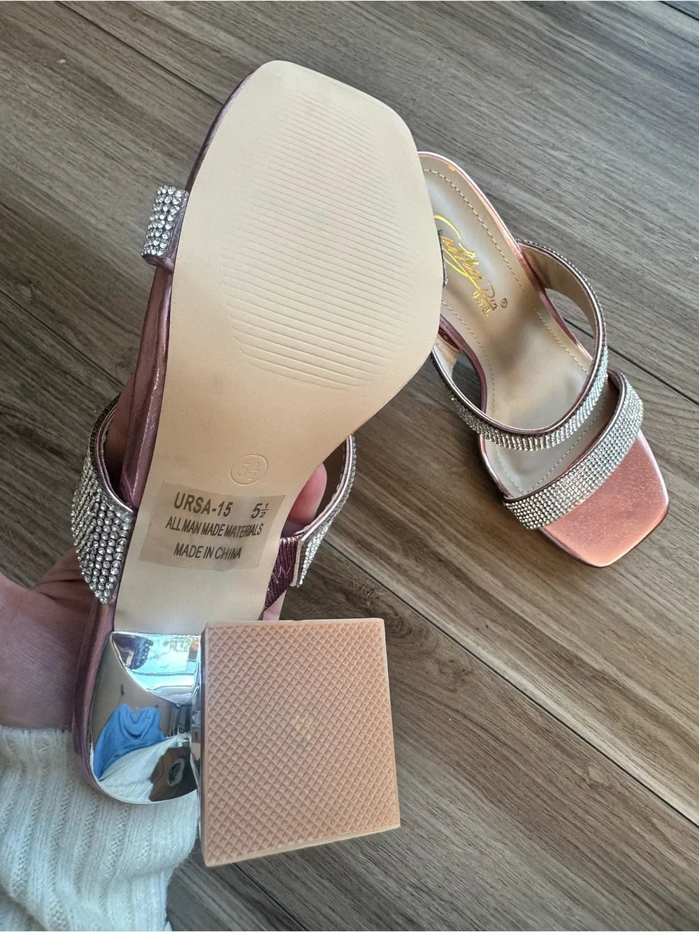 Crystal-Embellished Rose Pink Metallic Block Heel Sandals Brand New w/ Box